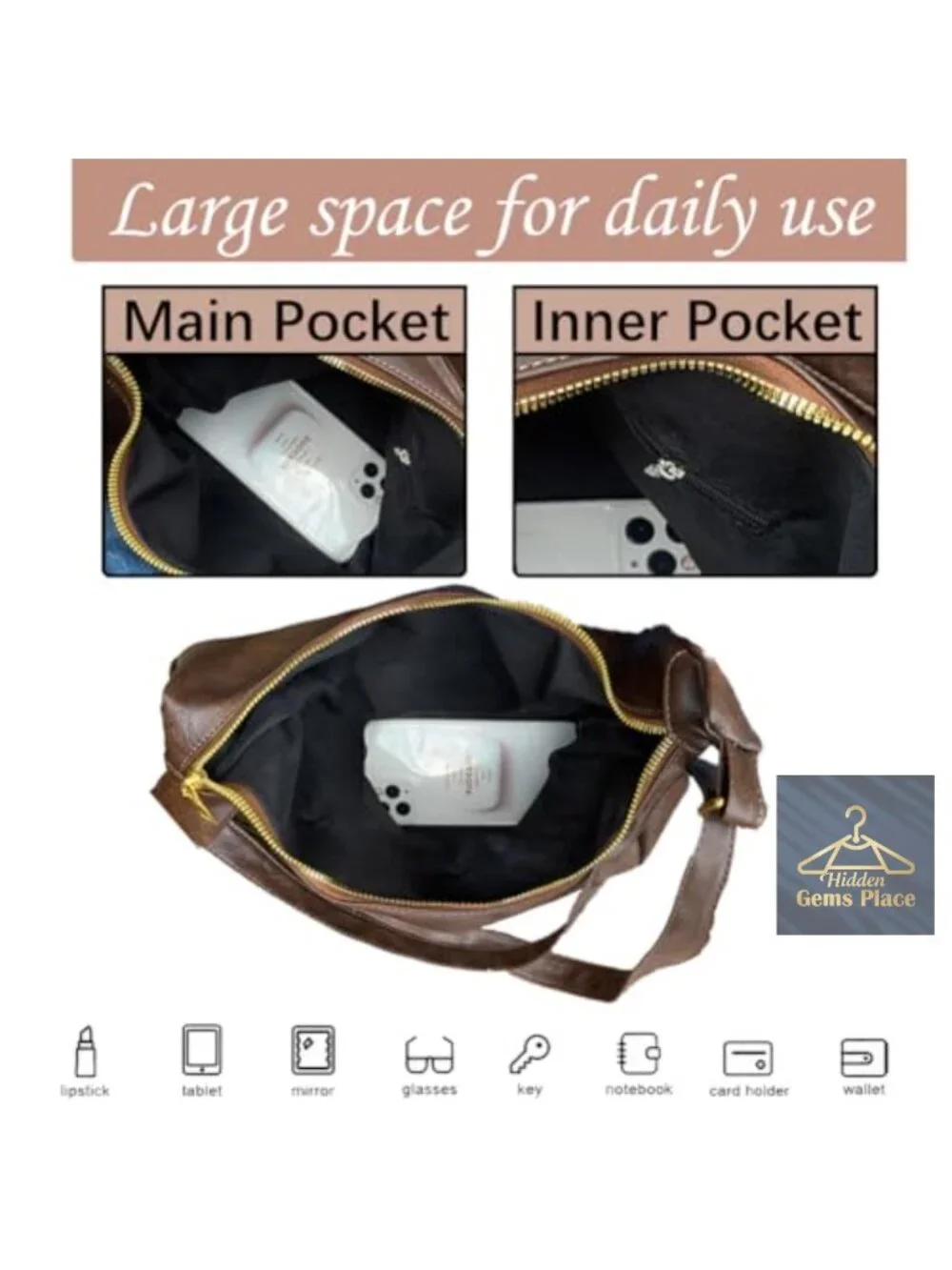 Vegan Leather Hobo Bag Soft Slouchy Shoulder Handbag Zipper Work Tote Travel